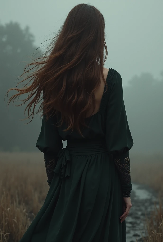 woman from behind, brown, realistic, sombre