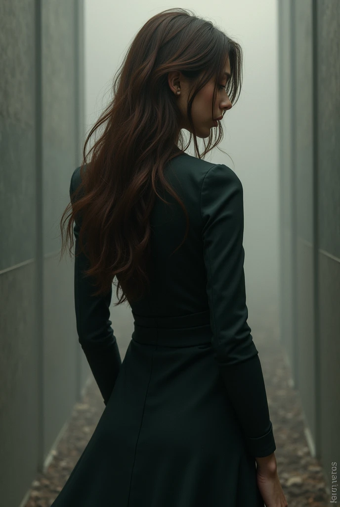 woman from behind, brown, realistic, sombre