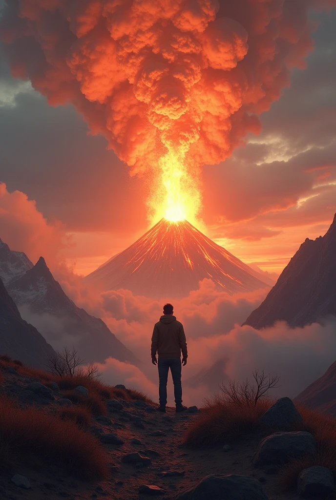 Prehistoric man watching an erupting volcano