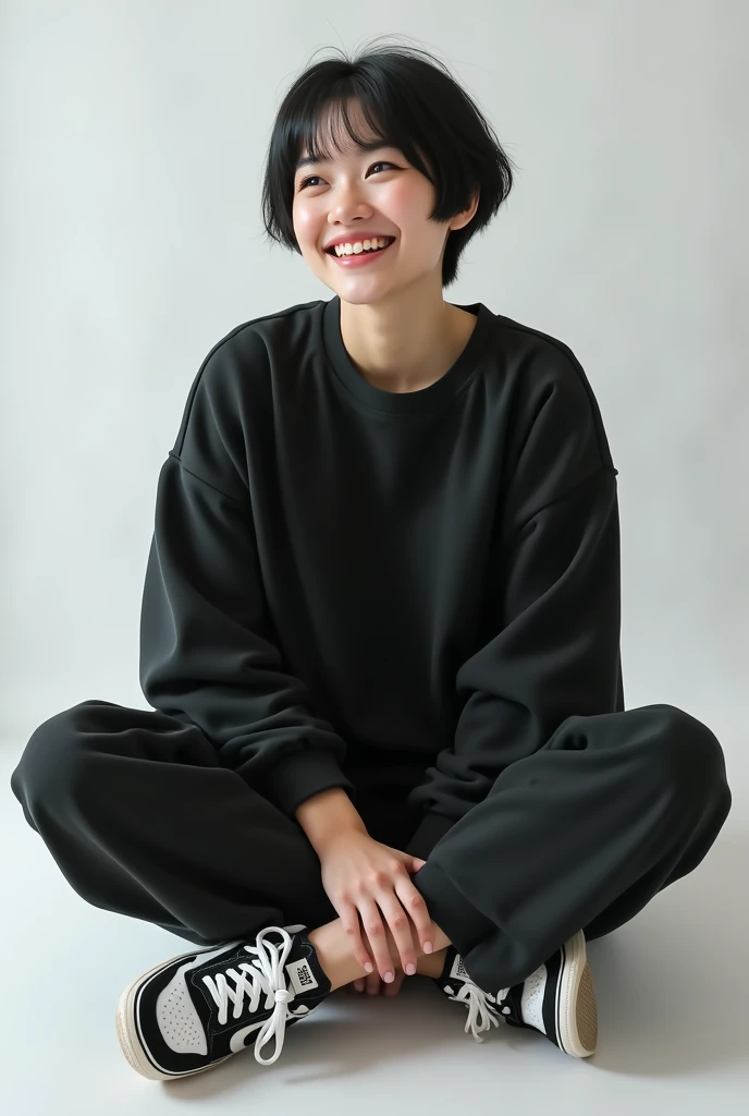 absurdres,, (1girl:1.2),  (abs:1.23),huge_breasts、unity  Dynamism,forward leaning posture、she looks away, Loose-fitting clothing、Blurred Background、Sagging breasts、(white background:1.5)、A happy look、Sitting、Legs crossed、(black clothes:1.5)、NIKE sneakers、Sneaker commercial、(Close up on sneakers:1.55)、Photorealistic、Japanese、The Beauty of the Japan、Very Short Hair、Boyish Girl、