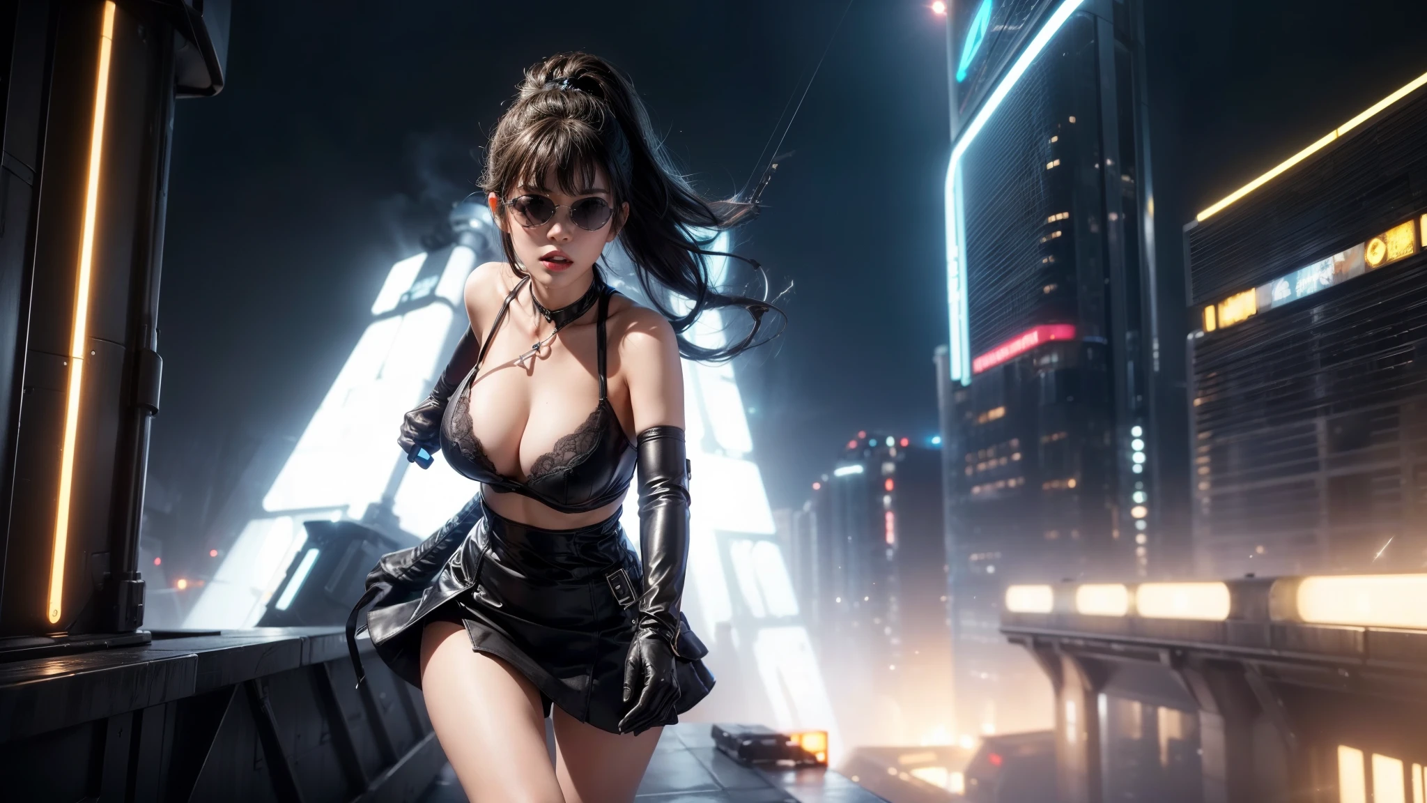 (Wide angle view). Blade Runner style futuristic city, simple outlined transparent neon tall buildings, glowing giant clock tower, flying cars, helicopter, lightning, 3D rendering Beeple. At night, (1girl, solo, alone), photorealistic, medium-breast slim:0.6 body, oval:0.6 face, cleavage:1.1, sexy black laced bra, glove, deep-V, (very low angle view of miniskirt), white laced panty, coat, (Matrix style black micro sunglasses), ((aiming viewer with a short gun)), (running pose), (half-body thigh level close-up shot), cinematic lighting, ray tracing.