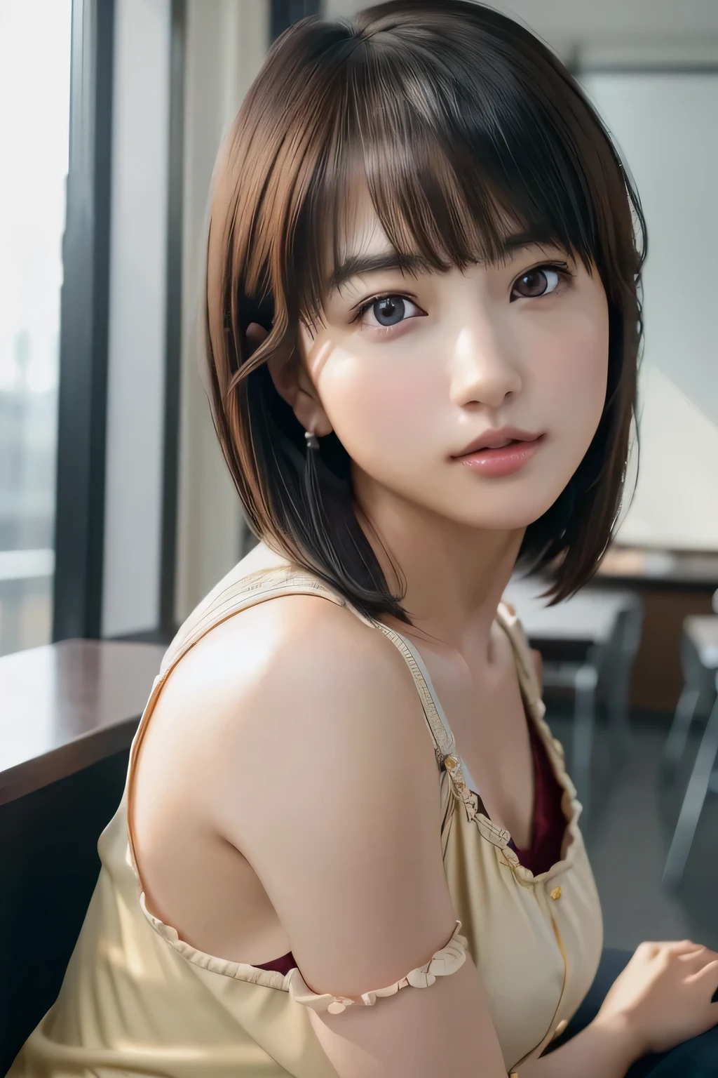 (Representative works:1.3)、(8k、Realistic、RAW Photos、Best image quality:1.4)、(30 year old mature woman)、Small face、Beautiful Face、(Realistic Face)、No makeup、Natural Makeup、light makeup、 (Dark brown、short hair:1.3)、Beautiful hairstyle、Realistic eyes、Beautiful attention to detail、 (Realisticな肌)、Beautiful Skin、 Black Suit、teacher、Bust D cup、 Confused、 charm、超High resolution、Ultra-realistic、 High resolution、Golden Ratio、ff tifa、classroom、A listless look、Frightened、Full body portrait、Sexy pose、Emphasize the chest