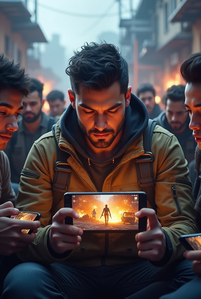 A man playing free fire battle ground game in mobile with friends