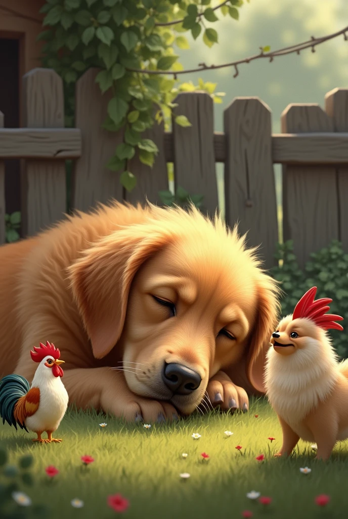 a sleeping GOLDEN RETRIEVER dog and a small bantam rooster fighting with a POMERANIAN dog,