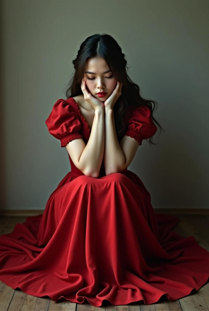 Victorian lady sitting, monotone, over her head view, Sitting with hugging her knees, zoom, wearing red dress, front view 