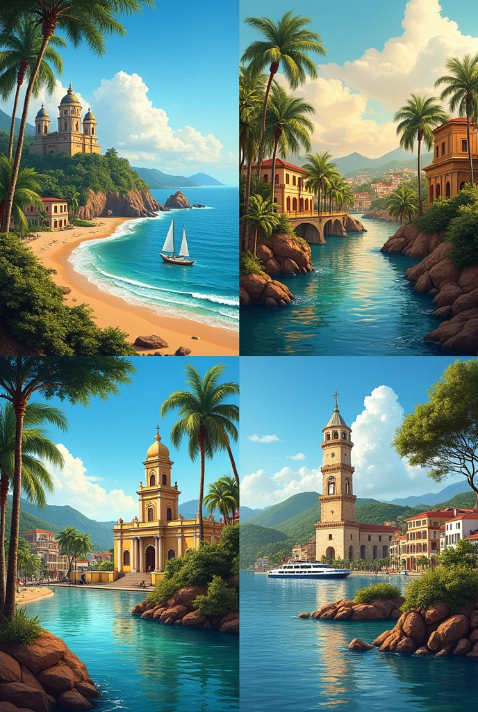 A collage divided into 4 parts, each part with the image of a tourist spot in the following capitals: Salvador city, Aracaju, Maceio and Recife