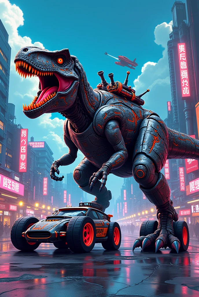 “Create an ultra-detailed, futuristic manga-style illustration of a T-Rex fused with an armored car, blending Japanese manga aesthetics with Niji Journey influences. The T-Rex should have metallic armor plates with glowing neon circuits, merging organic and mechanical elements seamlessly. The vehicle portion should include large, rugged wheels and futuristic weaponry mounted on its back, reflecting a sci-fi vibe. The environment should be a futuristic cityscape with towering skyscrapers and flying vehicles, drawn with intricate details and vibrant colors. The overall style should be in line with Japanese manga, emphasizing dynamic action, bold lines, and a vibrant color palette.”