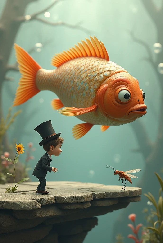 In a surreal, dreamlike setting, a large, anthropomorphic fish hovers in mid-air, its scales shimmering with subtle iridescent hues, and its large, round eyes, large eye ball, fat body, funny face, full of curiosity. The fish has vibrant orange fins that fan out gracefully, with delicate, translucent edges that catch the light. It faces a peculiar, a cartoonish boy who is dressed in a perfectly tailored black suit, laughing, complete with a crisp white shirt and a tall, slightly tilted top hat. The boy’s head is disproportionately large, exaggerated popped eyes that mirror the fish's inquisitiveness. His expression is one of intense focus, goofy as he leans precariously forward on the edge of a weathered platform, his hands clasped behind his back. Between them, a tiny, delicate insect with gossamer wings hovers, seemingly frozen in the moment. The background is an ethereal, muted blend of soft grays, beiges, and blues, with faint, abstract textures that enhance the otherworldly atmosphere of the scene. A single, fragile flower grows from a crack in the platform, adding a touch of whimsy to the already fantastical environment. There are so many bubbles around and underwater plants in the background.