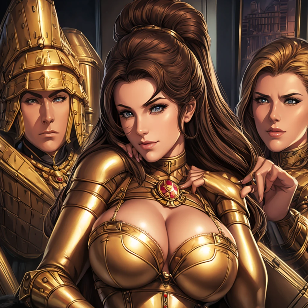 Close-up of a woman in a tight giant bra and a group of people, Edwards Poster Art, Gold and bronze armor, mechanical, Seventies, Ester-like face, 1970s Women Live, Keyframe, Doll Punk, Gold ring on chest, Barbarela, Metal, mechanicalanical, mechanicalanical superstructure