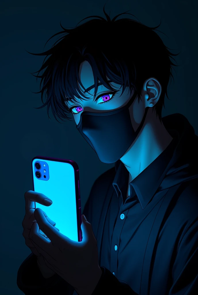 hansome masked anime guy holding a neon blue phone at black background, dark theme, stunning, ultra hd