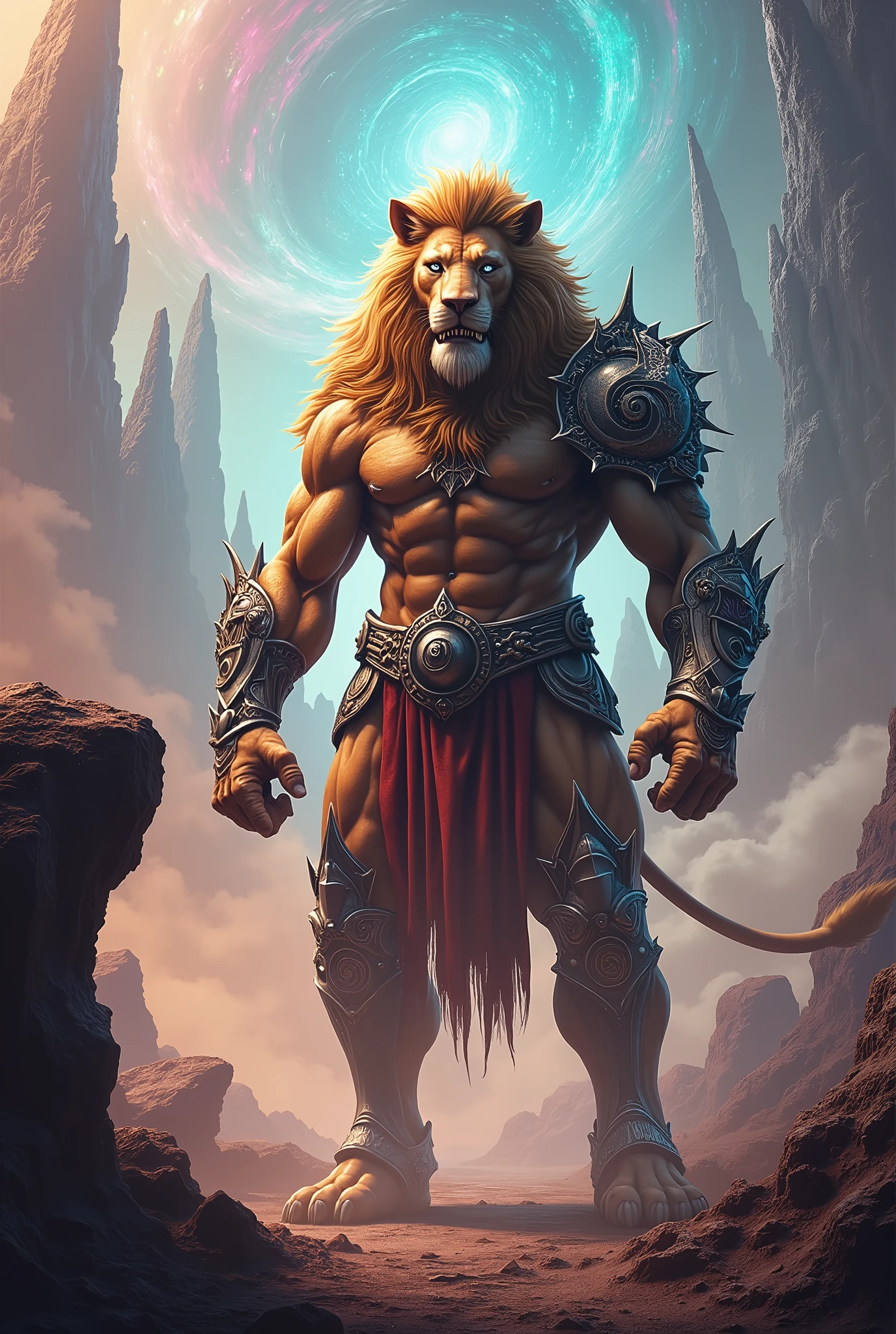 A man like lion fighting in fantasy world against aliens