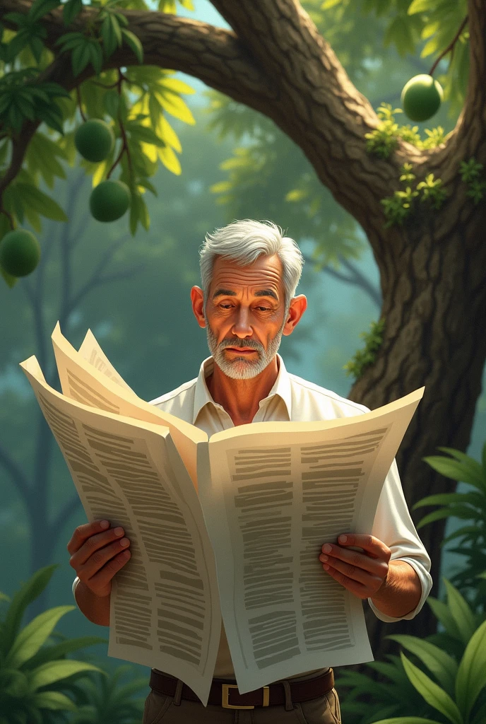 man takes newspaper in front of his nose and swelling the newspaper with mango tree background