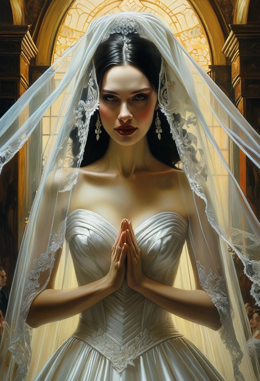 woman in a wedding dress lifts her veil with her hands, under the veil you can see the monster's ugly smile, Edward Binkley, Andrew Ferez, elegant work of horror, Joao Rua, Anton Semyonov, Hajime Sorayama Aaron Horky, Santiago Caruso, stunningly beautiful art, Tom Bagshaw Donato Giancola, Adrian Borda, Todd Lockwood, Todd Caruso.