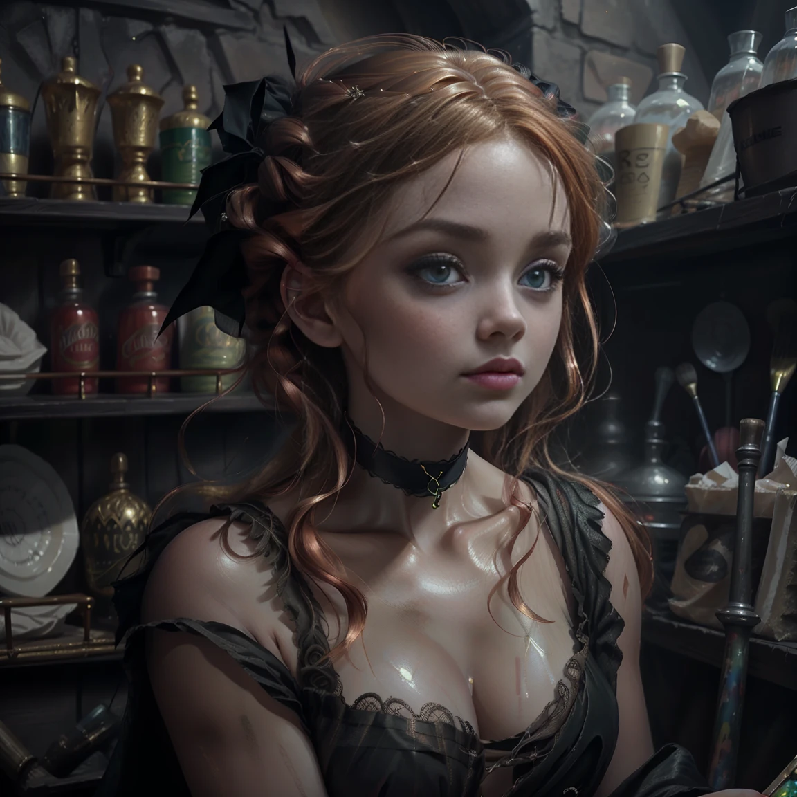 painting of a woman with blonde hair and a choker wearing a black dress, Art style by John Collier, Maiden with short copper-red hair, carol bak style, a young redhead, Collections, Portrait of a young witch, No Bowater art style, portrait of princess merida, David Yes, gloomy palace, Black Lace Bra. bare shoulders, bare stomach, lace choker, raw work of art, of the highest quality, (alone), (perfect face: 1.3), (High detail: 1.2), dramatic, 1 girl, angel, (pale skin), (huge breasts), light eyebrows, evening, wide neckline, sweating , bright, prominent nipple contour, many jewels, head ornaments, green eyes, sensual lips. Detailed background of the palace, cinematic lighting from the side, Detailed and beautiful hair, pale skin, big lips, juicy lips beautiful lips, detailed and beautiful green eyes, round face, young girl, perfect hands, Perfect eyes, perfect face,