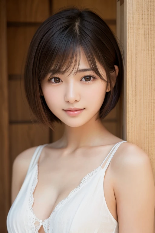 Highest quality, Face Focus, Soft Light, Ultra-high resolution, (Realistic:1.4), RAW Photos, 1 Japanese woman, alone, cute, (A shy smile:0.5), (Brown eyes, Light in your eyes), Beautiful face in every detail, (Small box),(High resolution detail of human skin texture), (Short Bob Hair), She is wearing a dress with an open chest.、Her breasts are exposed、I feel a little embarrassed
