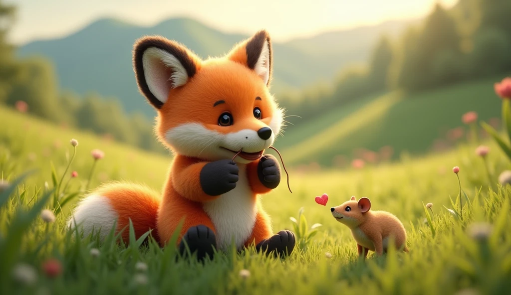 There is a shadow、Photorealistic、Ultra HD、The fox is holding a mouse in its mouth、Cute stuffed animal、The background is a grassland