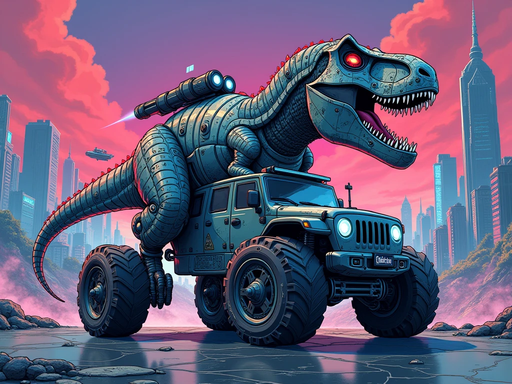 “Create an ultra-detailed, futuristic manga-style illustration of a T-Rex fused with an armored car, blending Japanese manga aesthetics with Niji Journey influences. The T-Rex should have metallic armor plates with glowing neon circuits, merging organic and mechanical elements seamlessly. The vehicle portion should include large, rugged wheels and futuristic weaponry mounted on its back, reflecting a sci-fi vibe. The environment should be a futuristic cityscape with towering skyscrapers and flying vehicles, drawn with intricate details and vibrant colors. The overall style should be in line with Japanese manga, emphasizing dynamic action, bold lines, and a vibrant color palette.”