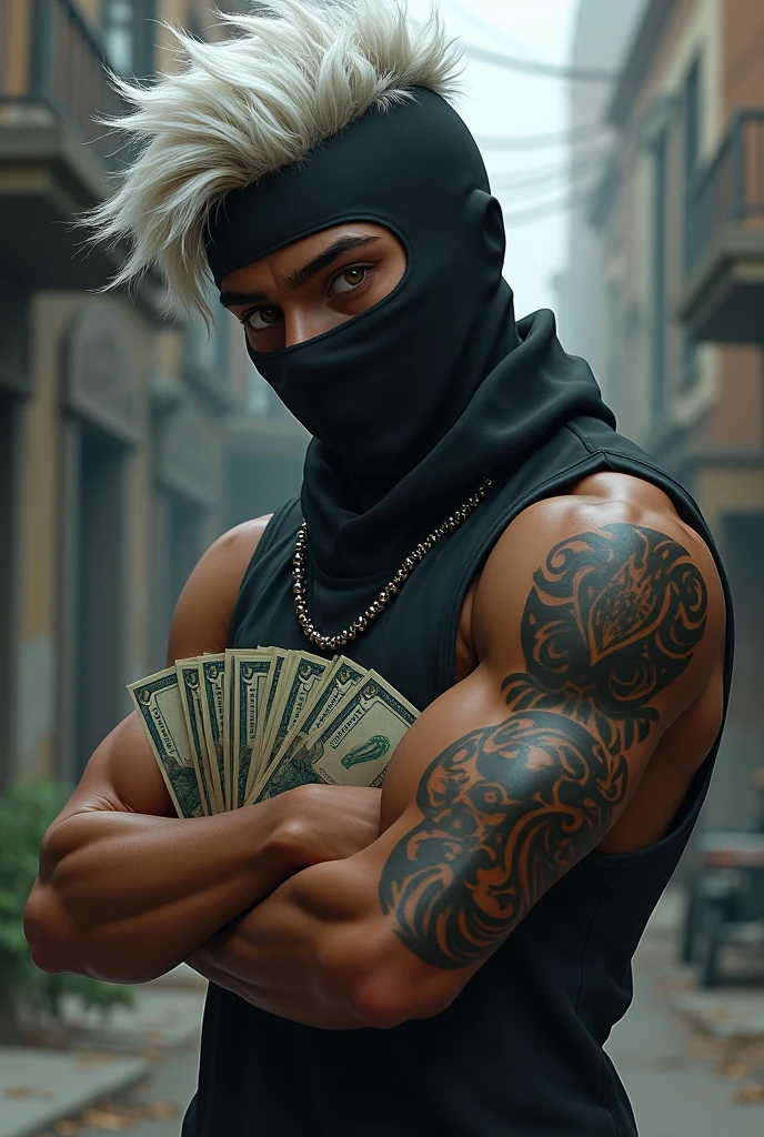 You can create an image of a slightly dark-skinned teenager with a tattoo on his right forearm, white highlights, a balaclava and money 

