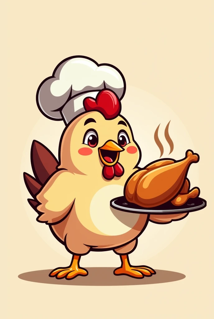 Create a logo mascot for a roast chicken delivery company in Sorriso. The mascot should be a friendly and cheerful chicken wearing a chef's hat., holding a delicious golden roast chicken on a tray. The chicken must have a welcoming smile, bright eyes and be designed in a way that is both playful and professional, attractive to families and food lovers. The color palette should include warm tones like reds, oranges and yellows, with some white details. O design geral deve ser simples, easily recognizable and suitable for use in packaging, signage and online platforms.