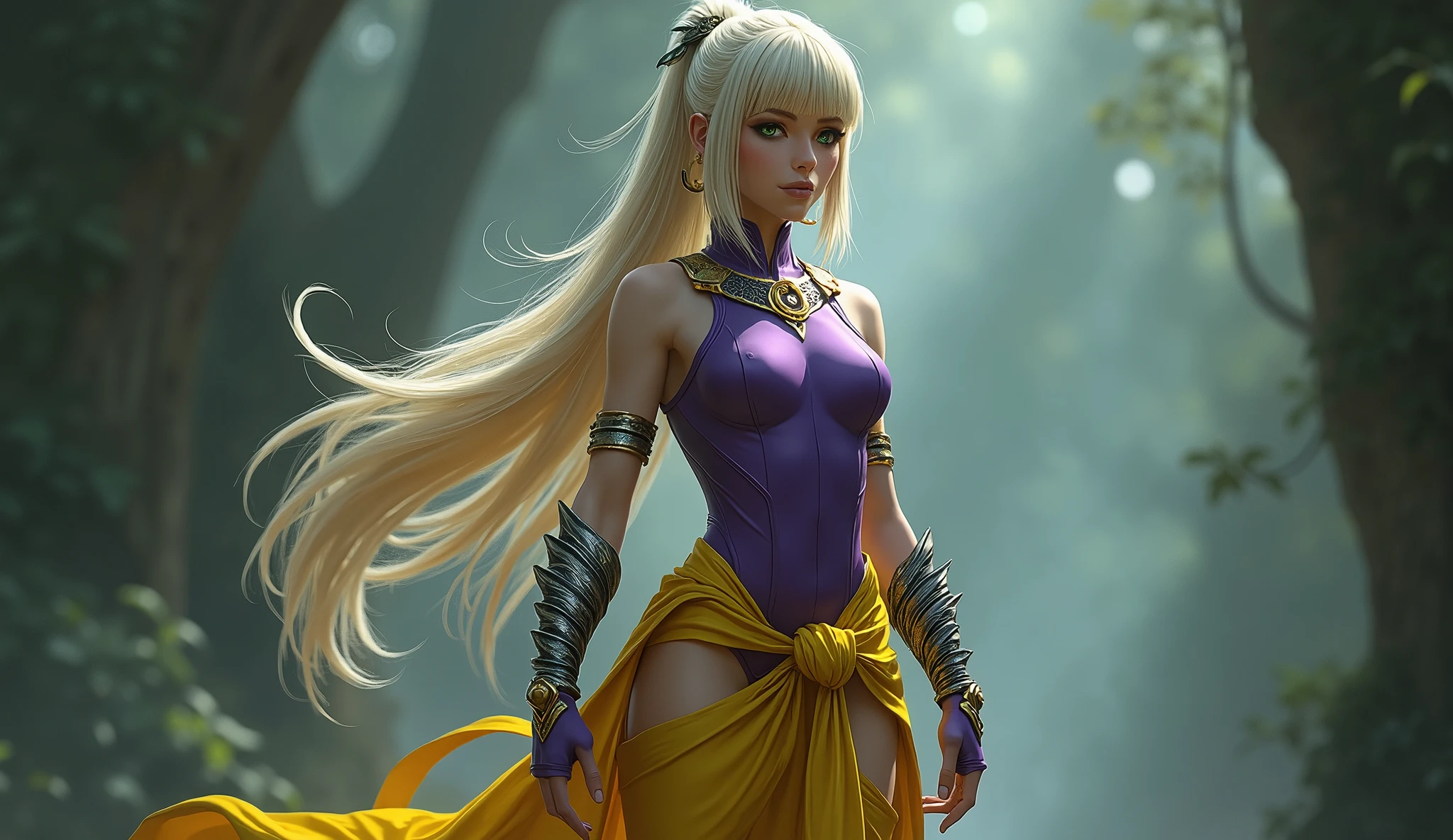 Goddess Diana, long ponytail, bang hair, blonde, green eyes, slanted eyes, slanted eyebrows, muscular, tall, pale skin, purple leotard, yellow sarashi, brown tabi, ninja knee high, brown ninja gloves, silver feather arm guards, bare shoulders, bare thigh legs, thigh high thick yellow socks, crescent moon black ninja headband, hoop earrings, monkey tail 