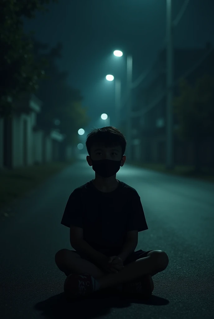 A boy with black t-shirt mask and black lower in Dark night and siting on roadside