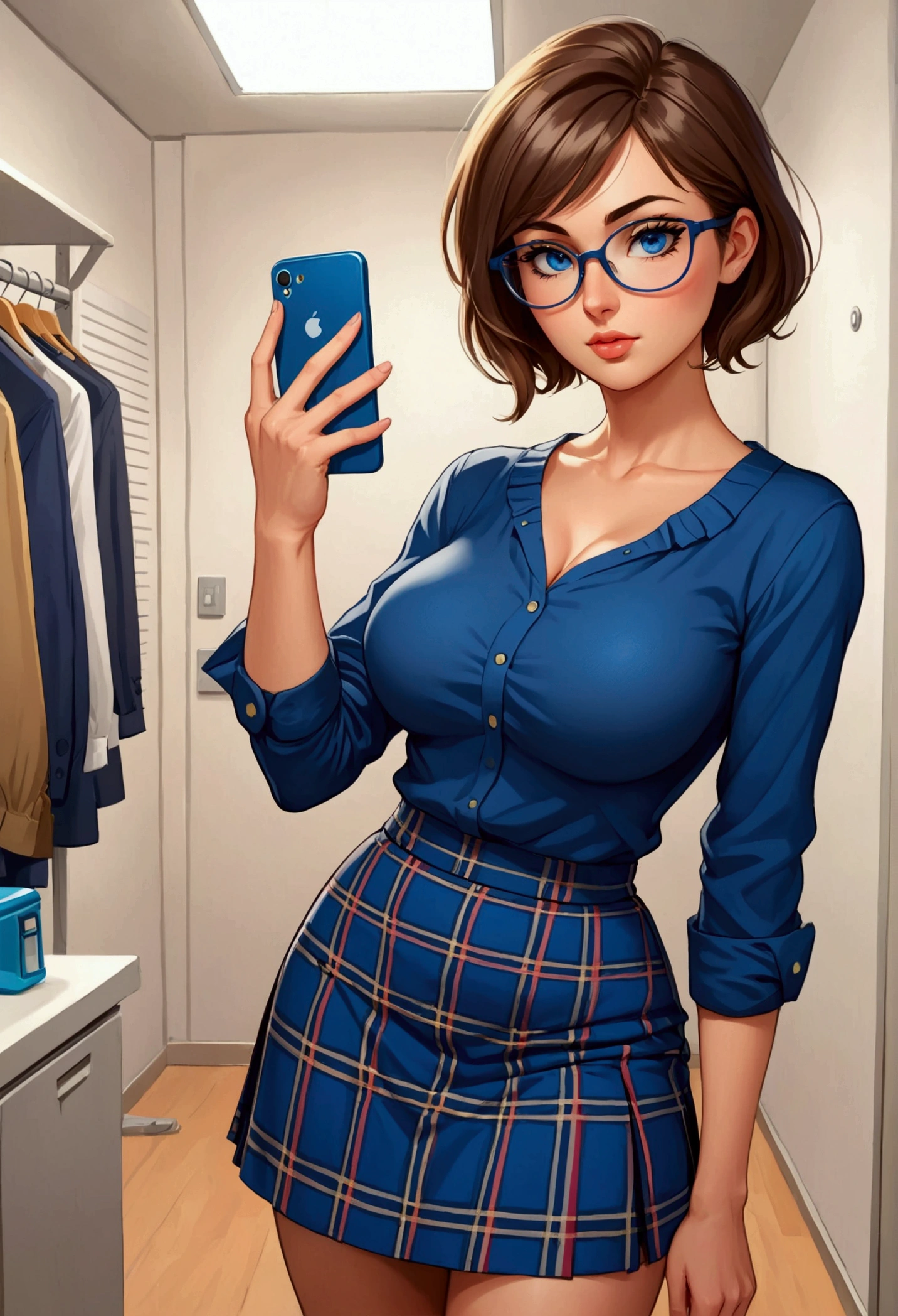 20 years old woman, Short brown hair, Méditerranéenne aux blue eye, Generous and heavy breasts, slender waist, definition of l'estomac, fesses rebondies et pulpeuses, naturally curved, muscular thighs, aguicheuse, fitting room , blue eye, lunettes, plaid skirt and blouse, talons, Selfie, side view,
