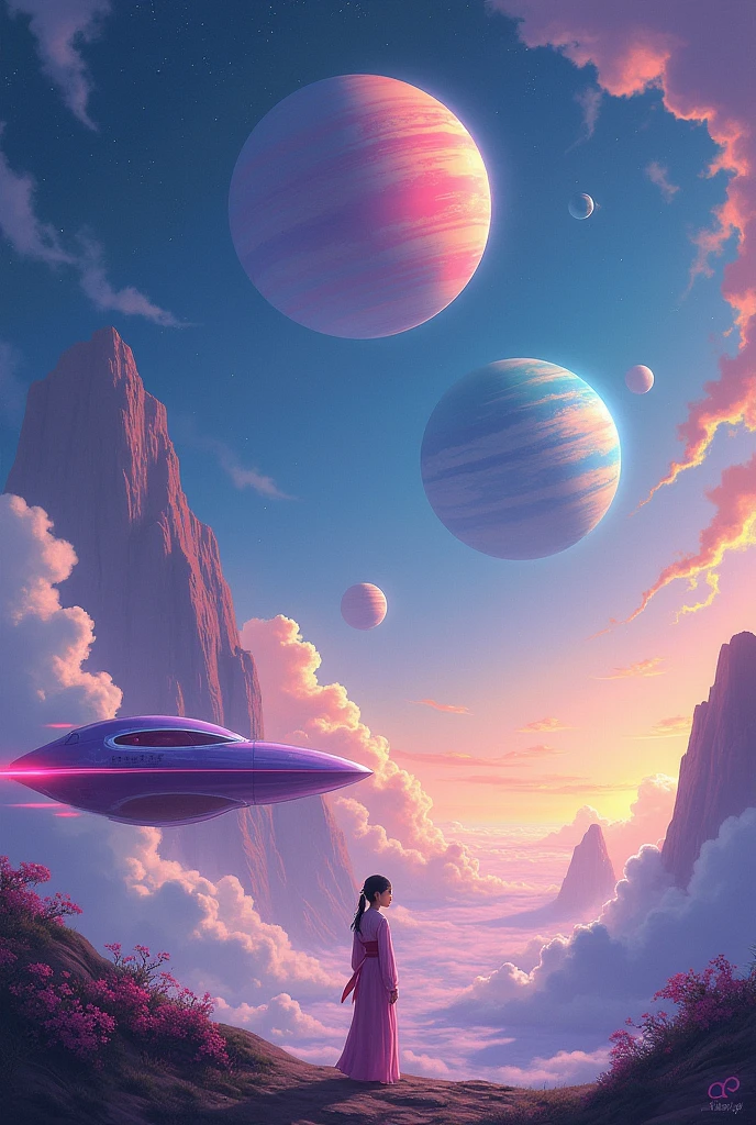 Three planets with Asian girl and spaceship in purple 
