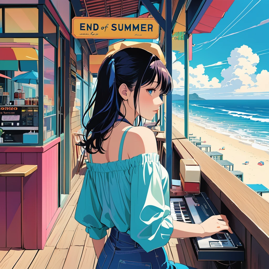 (masterpiece, best quality:1.1),90s record cover art,city-pop,title of the song is "end of summer",end of summer,fashionable cafe,wood deck,girl's Profile,seaside, inspired by Hiroshi Nagai cmyk palette,illustration by Hisashi Eguchi,(white outline),