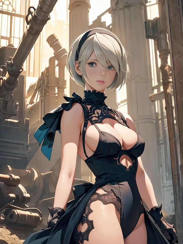 {(masterpiece,best quality, 16K portrait, UHD, extremely detailed the work, detailed beautiful face and eyes and skin and hair)}
BREAK {(ultra realistic photo graphic style)}
BREAK {solo,(2B of Nier-Automa:1.4), (lightbrown-lightwhite colored hair:1.4, short cut hair), (medium mouth),(narrow and sharp eyes),(attractive blue-glay eyes:1.4),(left-eye hidden by bangs:1.2),(slender body,small breasts):1.4,captivating lips}
BREAK {(Nier-Automata-2B costume:1.2),(cleavage between breasts:1.2),(hairband:1)}
BREAK {(gravure-model pose),(from below)}