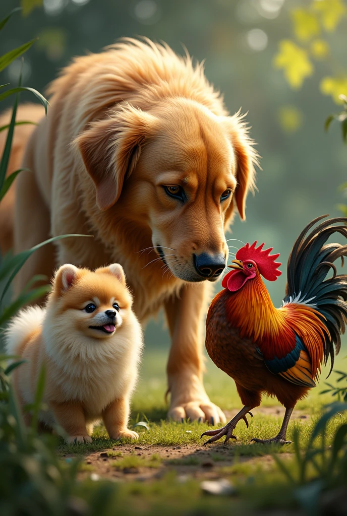 a GOLDEN RETRIEVER dog and a small bantam rooster fighting with a POMERANIAN dog,
