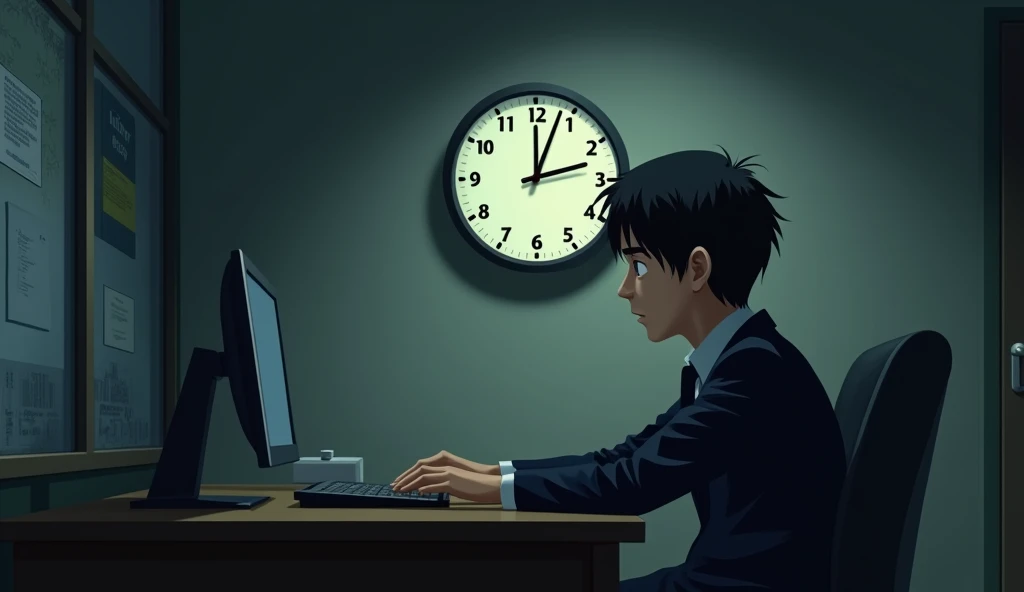 A Japanese salaryman looks up at the wall clock in the office, which shows 9 PM. The scene is realistic, with the late hour reflected in the tiredness on his face. The salaryman, dressed in a suit, glances at the clock from his desk, with the background showing a quiet office and partially dimmed lights. The clock’s hands indicate the late hour, conveying the length of the overtime
