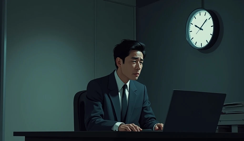 A Japanese salaryman looks up at the wall clock in the office, which shows 9 PM. The scene is realistic, with the late hour reflected in the tiredness on his face. The salaryman, dressed in a suit, glances at the clock from his desk, with the background showing a quiet office and partially dimmed lights. The clock’s hands indicate the late hour, conveying the length of the overtime