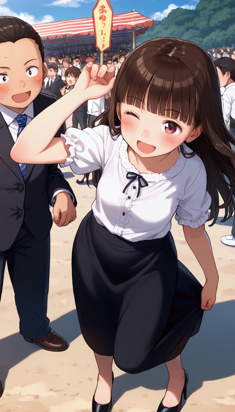 {Highest quality}, {so beautiful},{Ultra-fine},{Best illustrations},Brown Hair,Hime cut,Long Hair,Braiding,One Woman,Standing woman,Strike a Pose,Adult female,smile,Ecstasy face,Wink,Open your mouth wide,OL,suit,White Shirt,Short sleeve,Black straight long skirt,Night Festival,blush,thin,Black stiletto heels,From above,Woman with legs closed,Wave with one hand