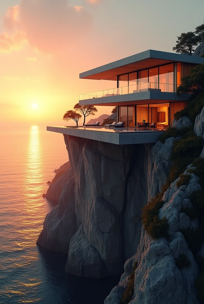 Modern villa on a cliff at the sunset 