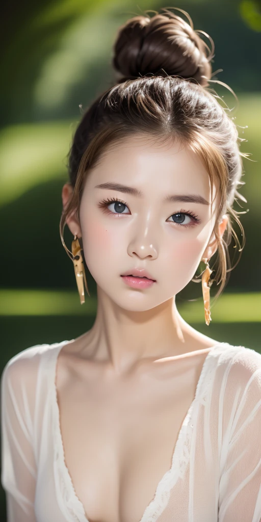 pretty girl, (Ash Blonde Hair), ((very bun hair)), Perfect Face, Expressionless,(((12talent)))、Baby Face、、 Upper Body,(blue eyes), (Yan), (), (thin), ((Flat Chest)), ((Only 16)), Skin dents, Extreme Detail, Attractive oval face, Red lips, pink, Glowing Skin, Thin Hair, Face Focus, Chest close-up, Gorgeous hair ornament, Gold earrings, ((1 girl)), Embarrassed look,