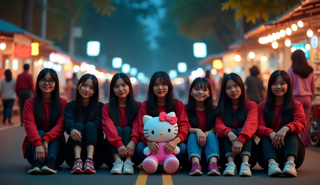 10 beautiful, slightly fat Indonesian adult women, loose hair, big nose, wear a hoodie, long pants, wear sneakers, sit down, all faces facing the front camera, sit down, hand holding a hello kitty doll, in the middle of the village road, dark night atmosphere with lots of beautiful lights, many people behind, ultra details, minim diffect, realistic, 8k quality image