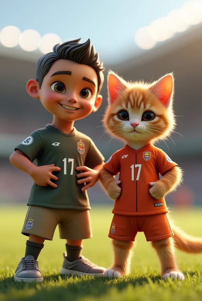 An orange kitten, standing on two legs like a human, posing for a photo with CR7. The kitten is dressed in a small jersey similar to CR7's, and both are smiling towards the camera. The scene is realistic, with the kitten's fur and CR7's features rendered in ultra-high detail, 4k and 8k resolution. CR7 is in a casual outfit, and the background features a bright, outdoor setting, perhaps on a soccer field, capturing the fun and playful moment."