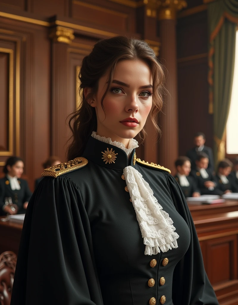 (Photorealism:1.2), beautiful woman, Female soldier wearing judge&#39;s uniform, court