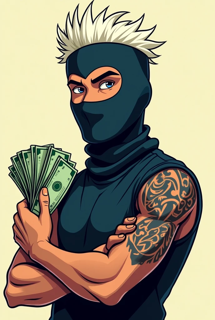 You can create an image of a slightly dark-skinned teenager with a tattoo on his right forearm, white highlights, a balaclava and money (in cartoon mode) 

