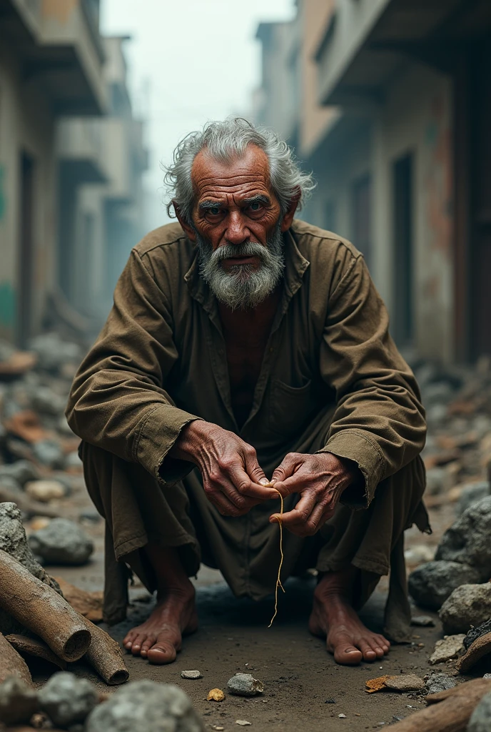 Give me a pic of old man poor with dirty cloths need food