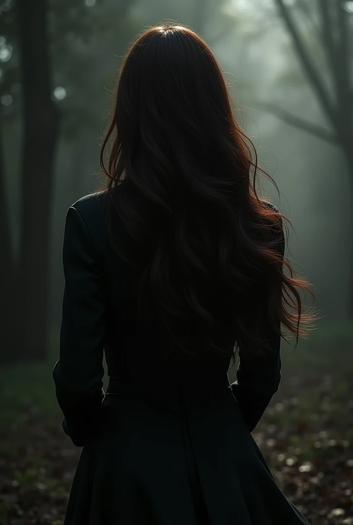 Woman from behind, brune, realistic, shadowy, cheveux ultra realistic, dehors