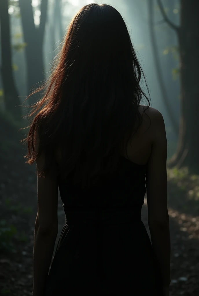 Woman from behind, brune, realistic, shadowy, cheveux ultra realistic, dehors