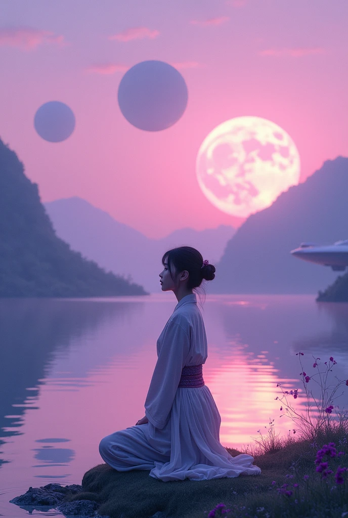 Three planets with Asian girl kneeling at a lake and spaceship in purple