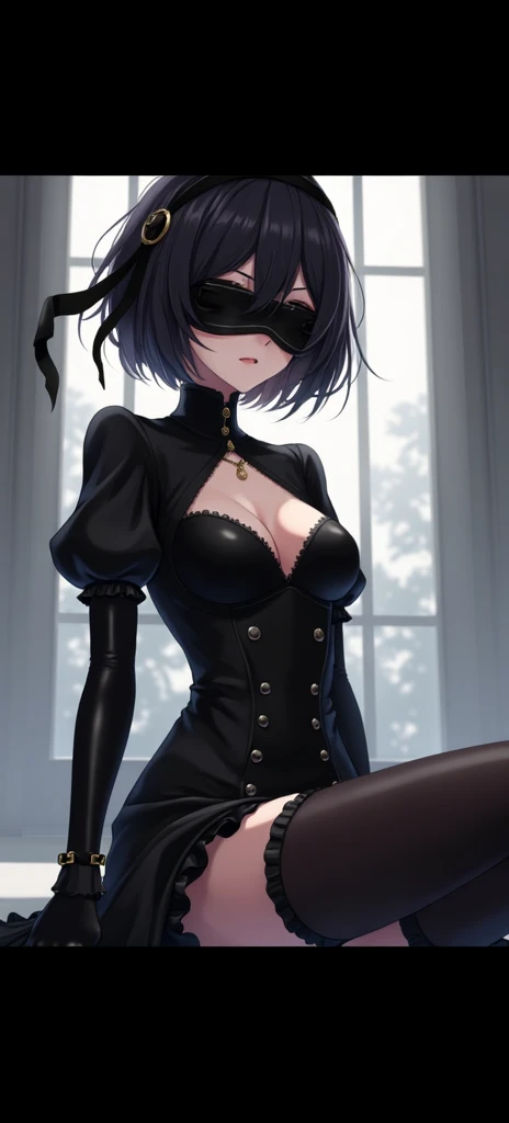 2b, long_sleeves, gloves, dress, cleavage,black_gloves, puffy_sleeves, black_thighhighs, mole, black_dress, clothing_cutout, cleavage_cutout, black_hairband, juliet_sleeves, mole_under_mouth, blindfold, vambraces, covered_eyes, black_blindfold,anime,short_hair,embarrassed