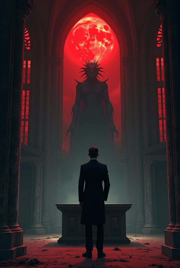 a blood-colored moon reflects through the windows, inside an old chapel with altar, man in suit waiting for a monster at the chapel altar, demon eats man