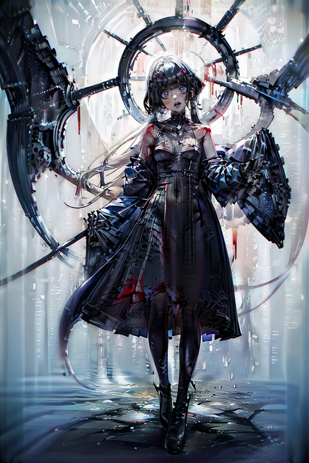 shaded face　、beautiful girl、とてもcute天使、Pink Gothic Fashion、cute、Baby Face、smile、Long skirt、Black long boots、.(Highest quality,4K,High resolution,masterpiece:1.2),Very detailed,Realistic:1.37,Spooky altar background,Dark fantasy,Red color scheme,Ominous atmosphere,Eye-catching,Storytelling,anatomy,Anime Style,Concept Art,beautiful細部までこだわった顔と (((Red eyes ))),A terrifying ritual ,Satanic Ritual,Premature death,inappropriate behavior,クレイジーなsmile,Scythe Face,Girl Monster, beautiful, Delicate facial features, Sharp Eye, Sharp Fangs, pale skin, Dark Background, Cinema Lighting, Dramatic Shadows, Gothic style, Gloomy atmosphere, Dark fantasy, one person&#39;s, Please open your mouth wide, Open your mouth and baring your teeth,Sharp teeth like a beast, Wide lips, very wide mouth, Vermilion cheeks, ,(Blood splatter:1.4),Scary smile, smile,Angel Design, Twisted smile、Bloody、bleeding from the head,,,,,、Blood splatter、,(Blood splatter:1.4),skull,Demon Spear,Horror Style, ((Fantasy Sweet Ta Frill Pink Costume)), ((Flowing blonde hair)), ,(Blood splatter:1.4),Female curves, Sexy flat stomach, Perfect hands, Perfect anime face, (Pink Tata Dress)), Are standing, ((邪悪なsmile)), ,(Blood splatter:1.4), Steam circulates, Moonlight Illumination, night lighting, (Blood splatter:1.6),アニメAngel Design, Twisted smile、Bloody、bleeding from the head,,,,,、Blood splatter、,(Blood splatter:1.4), skull,Gothic architecture、Western architecture、Fantasy World、,Victorian cities, Skeleton Gas Light,Absurd, High resolution、 ((Tabletop)), ((Highest quality)), (Very detailedな), ((Very detailed)), (beautiful), ((cute)), (NFSW:1.8), alone,(:1.6)、(world&#39;The most terrifying and creepy demon girl:1.5)beautiful face、Whole Body Ezbian、pale, beautiful肌、beautiful金の髪、優しくsmileむ、Dark building ruins、(snow white&#39;Frill dress:1.3)、(The dark ruins are stained with blood:1.3)、Low angle full body shot、(少女は血の海の中にAre standing:1.5)、(The ground is full of blood:1.3)、(The girl lost a lot of blood....:1.3)、(クレイジーなsmile:1.6)、Spirits、(Blood dripping from the mouth:1.3)、
