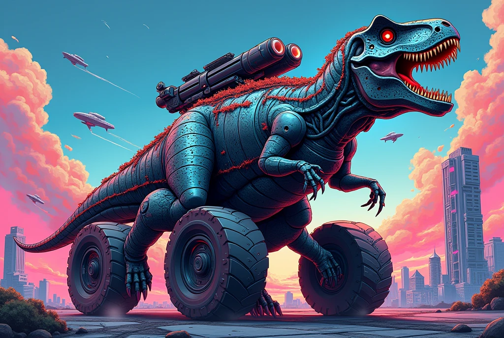 “Create an ultra-detailed, futuristic manga-style illustration of a T-Rex fused with an armored car, blending Japanese manga aesthetics with Niji Journey influences. The T-Rex should have metallic armor plates with glowing neon circuits, merging organic and mechanical elements seamlessly. The vehicle portion should include large, rugged wheels and futuristic weaponry mounted on its back, reflecting a sci-fi vibe. The environment should be a futuristic cityscape with towering skyscrapers and flying vehicles, drawn with intricate details and vibrant colors. The overall style should be in line with Japanese manga, emphasizing dynamic action, bold lines, and a vibrant color palette.”