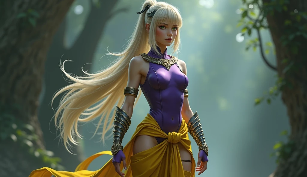 Goddess Diana, long ponytail, bang hair, blonde, green eyes, slanted eyes, slanted eyebrows, muscular, tall, pale skin, purple leotard, yellow sarashi, brown tabi, ninja knee high, brown ninja gloves, silver feather arm guards, bare shoulders, bare thigh legs, thigh high thick yellow socks, crescent moon black ninja headband, hoop earrings, monkey tail 