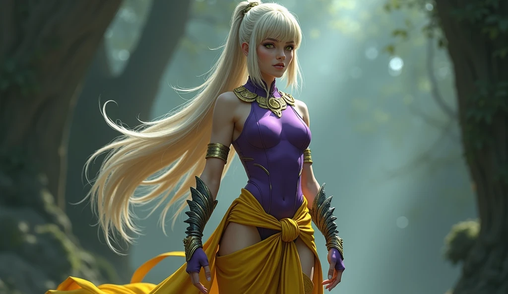 Goddess Diana, long ponytail, bang hair, blonde, green eyes, slanted eyes, slanted eyebrows, muscular, tall, pale skin, purple leotard, yellow sarashi, brown tabi, ninja knee high, brown ninja gloves, silver feather arm guards, bare shoulders, bare thigh legs, thigh high thick yellow socks, crescent moon black ninja headband, hoop earrings, monkey tail 