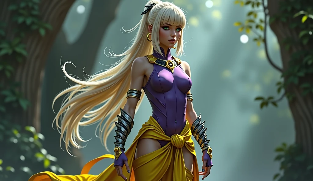 Goddess Diana, long ponytail, bang hair, blonde, green eyes, slanted eyes, slanted eyebrows, muscular, tall, pale skin, purple leotard, yellow sarashi, brown tabi, ninja knee high, brown ninja gloves, silver feather arm guards, bare shoulders, bare thigh legs, thigh high thick yellow socks, crescent moon black ninja headband, hoop earrings, monkey tail 